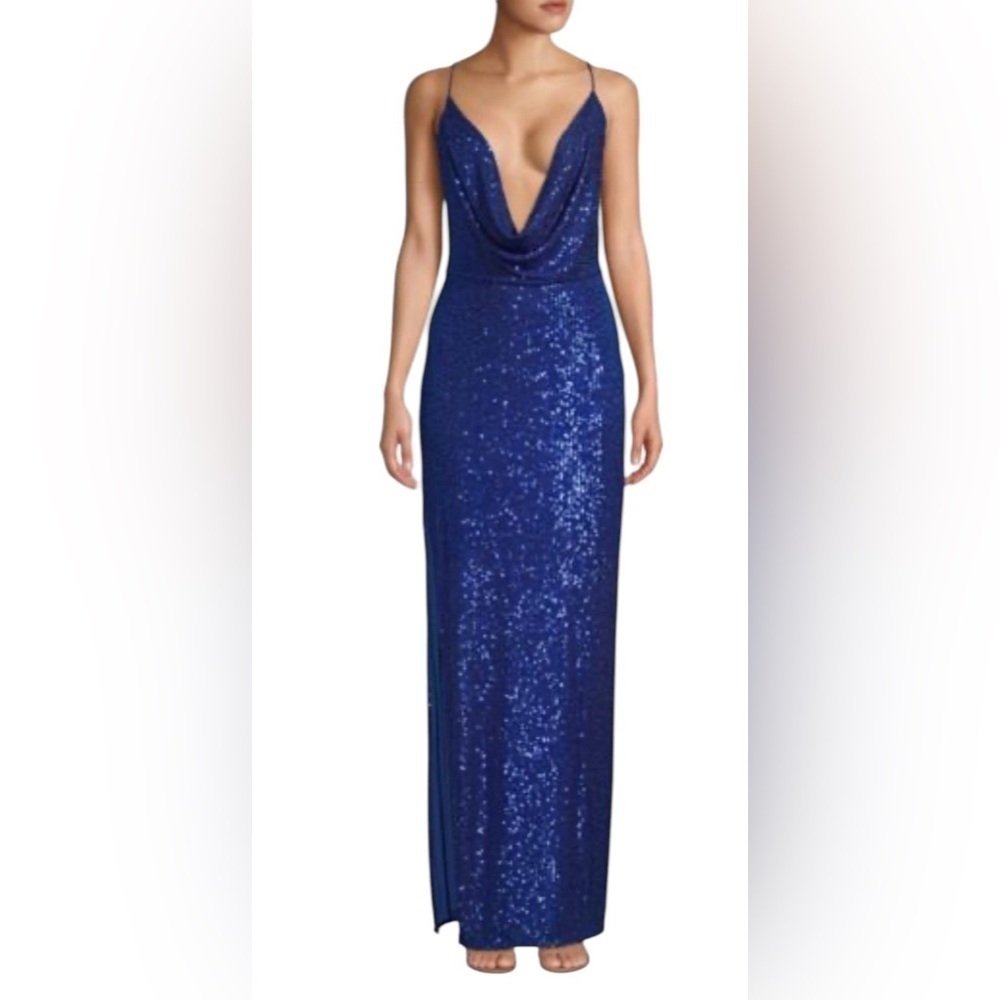 Jay Godfrey Milena Gown Blue Sequin Plunge Cowlneck Dress NWT Size 0